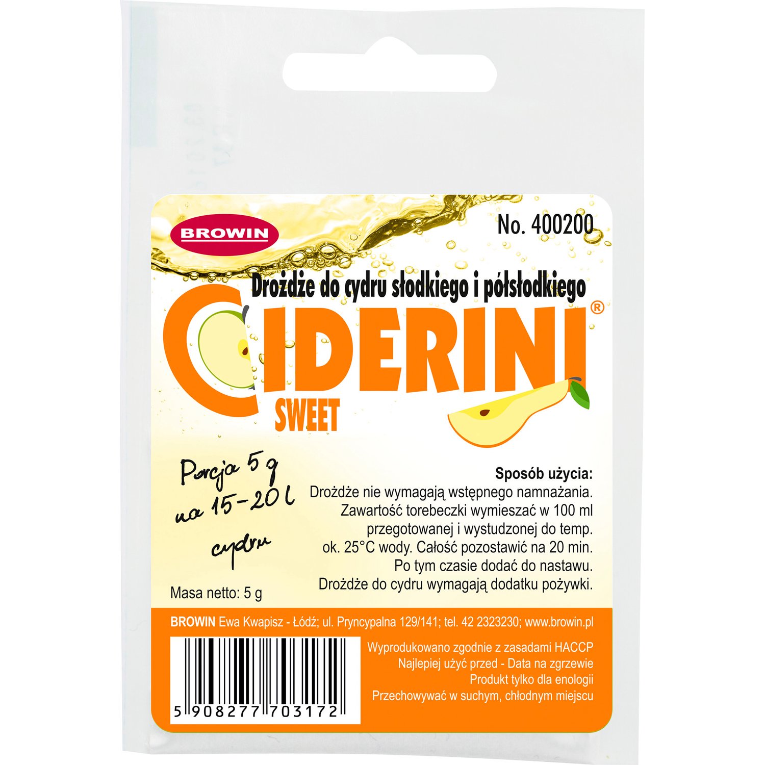 Дрожжи для сладкого и полусладкого сидра Ciderini (5 грамм)